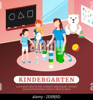 Kindergarten poster with children teacher room and toys flat vector illustration Stock Vector