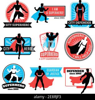 Set of emblems and stickers with flying jumping running superhero silhouettes and words defender and guardian isolated vector illustration Stock Vector