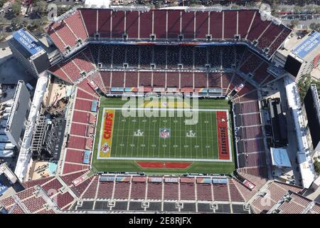 Tampa, FL, USA. 31st Jan, 2021. Aerial view vf Raymond James Stadium, site of Super Bowl LV between The Tampa Bay Buccaneers and the Kansas City Chiefs on January 31, 2021. Credit: Mpi34/Media Punch/Alamy Live News Stock Photo