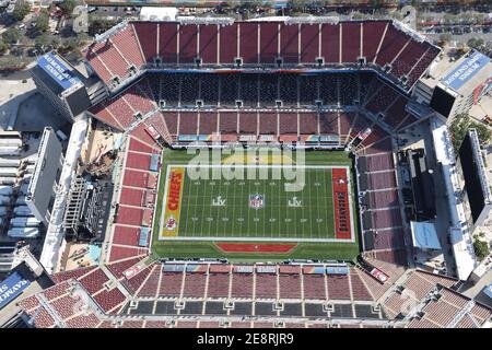 Tampa, FL, USA. 31st Jan, 2021. Aerial view vf Raymond James Stadium, site of Super Bowl LV between The Tampa Bay Buccaneers and the Kansas City Chiefs on January 31, 2021. Credit: Mpi34/Media Punch/Alamy Live News Stock Photo