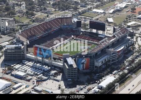 Tampa, FL, USA. 31st Jan, 2021. Aerial view vf Raymond James Stadium, site of Super Bowl LV between The Tampa Bay Buccaneers and the Kansas City Chiefs on January 31, 2021. Credit: Mpi34/Media Punch/Alamy Live News Stock Photo