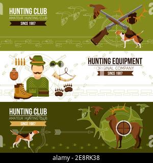 Hunting horizontal banners with hunter boots horn binoculars guns grenade bullets and animals vector illustration Stock Vector