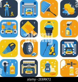 Car wash service symbols flat icons collection with windshield squeegee soap cannon and shampoo isolated vector illustration Stock Vector