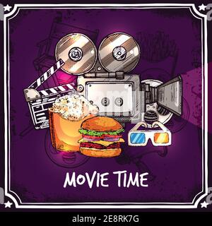 Colorful cinema template with camera reel snack clapperboard popcorn and 3d glasses in doodle style vector illustration Stock Vector