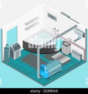 Heating cooling system interior isometric template with conditioner compressor battery bath in flat style isolated vector illustration Stock Vector