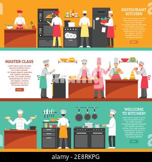 Professional cooking horizontal banners set with restaurant kitchen and master class compositions flat vector illustration Stock Vector