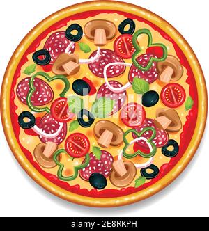 Colorful round tasty pizza on white background with salami tomato mushrooms and olives flat isolated vector illustration Stock Vector