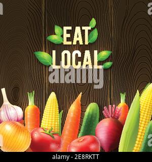 Eco agricultural vegetables poster with onion garlic cucumber tomato beet corn carrot on wooden background vector illustration Stock Vector