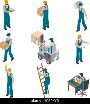 Delivery man in uniform at work carrying boxes and operating forklift isometric icons collection abstract isolated vector illustration Stock Vector