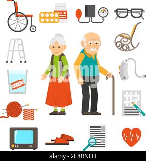 Old couple with senior care products flat icons collection with walker and cane abstract isolated vector illustration Stock Vector