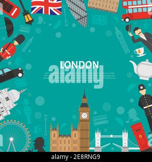 London city landmarks and cultural symbols decorative border design for frame or notepad flat abstract vector illustration Stock Vector