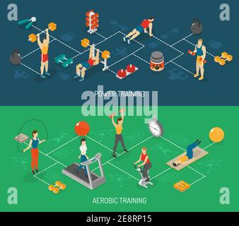 Weight strength and fitness training in sport center 2 isometric horizontal banners set abstract isolated vector illustration Stock Vector