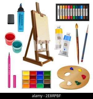 https://l450v.alamy.com/450v/2e8rpbf/artistic-decorative-elements-of-tools-and-art-supplies-with-easel-palette-paints-brush-and-pencil-isolated-vector-illustration-2e8rpbf.jpg