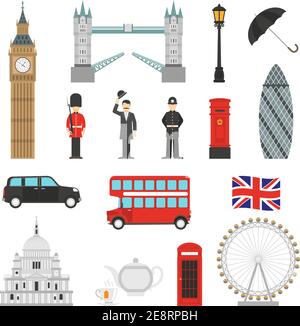 London landmarks weather and english traditions symbols isometric icons collections with big ban abstract isolated vector illustration Stock Vector