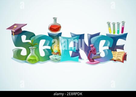 Science concept with decorative inscription and laboratory equipment for biology and chemistry scientific research colorful poster vector illustration Stock Vector