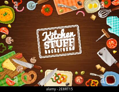 Cooking background with decorative frame containing kitchen stuff food in plates and vegetables on chopping boards vector illustration Stock Vector
