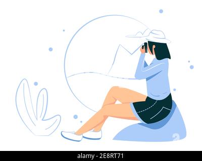 Enjoy the holidays and take pictures. Women sit and take pictures while traveling. vector illustration. Stock Vector