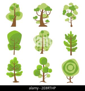 Tree logo flat cartoon decorative icons set on white background with deciduous and coniferous types trees isolated vector illustration Stock Vector