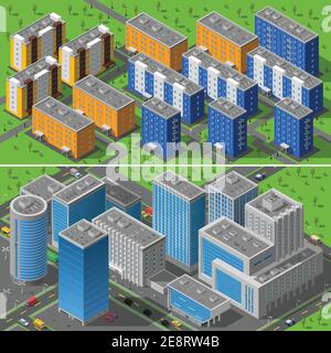 Modern city business center buildings and residential area apartments isometric horizontal banners composition abstract isolated vector illustration Stock Vector