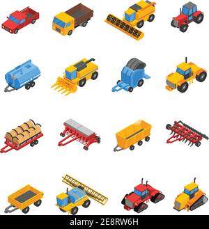 Agricultural machines isometric concept icons set with baler and ...