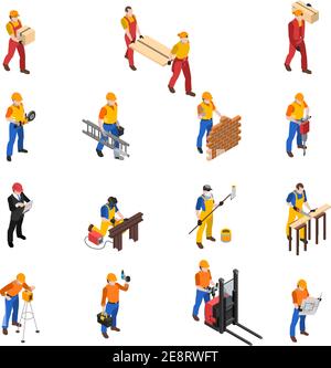 Builders work at construction site isometric icons collection with mason carpenter and project manager isolated vector illustration Stock Vector