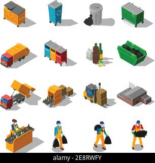 Garbage recycling and green waste collection services and facilities isometric icons collection abstract isolated shadow vector illustration Stock Vector