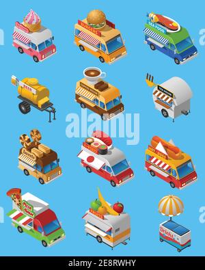 Street food trucks and carts selling sushi hot dogs and drinks isometric icons set abstract isolated vector illustration Stock Vector