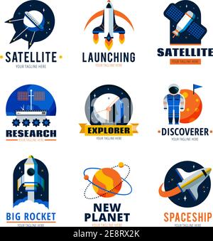 Space logo emblems set  with satellite ship and new planet discoverer vector illustration Stock Vector