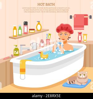 Hot bath poster with woman in soapy water cat on mat and hygiene items vector illustration Stock Vector