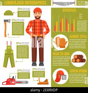 Lumberjack and working tools Infographics with avatar of woodcutter in center data diagrams statistics vector illustration Stock Vector