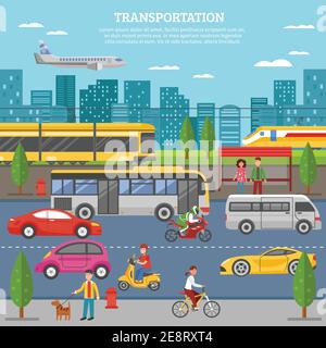 Transport in city poster with people and movement of airplane train tram bus individual vehicles vector illustration Stock Vector