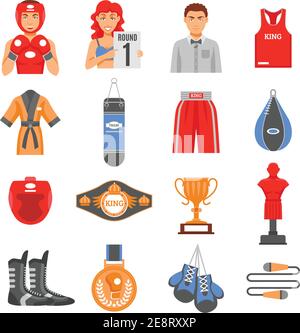 Boxing ammunition flat color icons set  of clothes elements training equipment and championship prizes isolated vector illustration Stock Vector