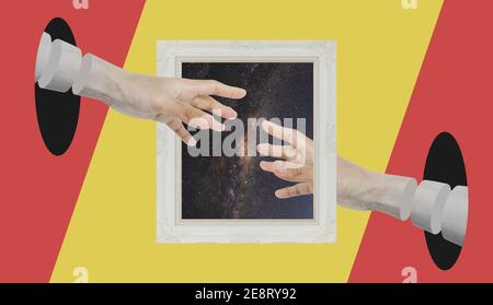 Digital collage modern art, Two Hand reaching through retro picture frame Stock Photo