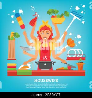 Multitasking housewife with women in apron with eight hands holding different items for home work flat vector illustration Stock Vector
