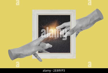 Digital collage modern art. Hands reaching with picture frame Stock Photo