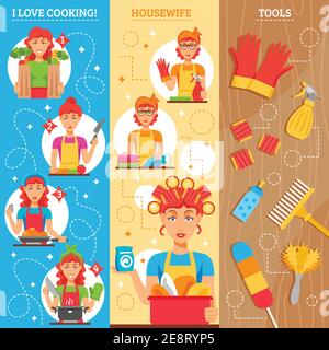 Housewife vertical banners set of female figures in home clothes household utensils and tools for cleaning vector illustration Stock Vector