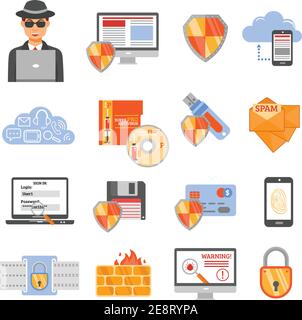 Network security isolated flat color icons with antivirus disk drive firewall protection spam shield and padlock symbols vector illustration Stock Vector