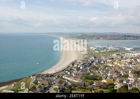View of the magnificent Chesil Beach stretching from Weymouth to the Isle of Portland in Dorset.