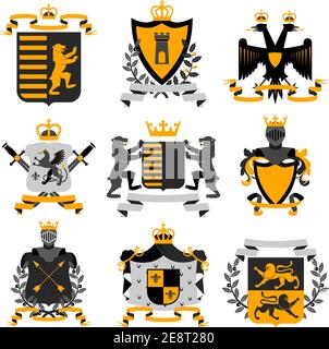 Heraldic coat of arms family crest and shields emblems golden black icons collection abstract isolated vector illustration Stock Vector