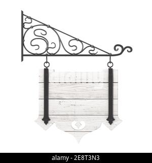 Blank Wooden Hanging Sign with Free space for Your Design and Floral Forging Elements on a white background. 3d Rendering Stock Photo