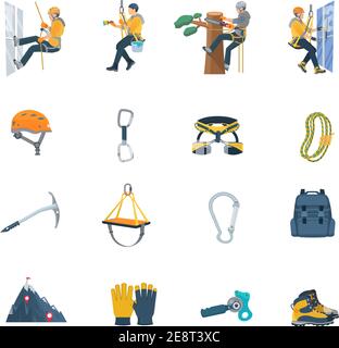 Color flat icons set of climbing equipment ofr industrial alpinism vector illustration Stock Vector