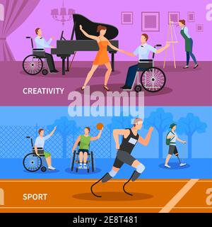Disabled people practicing sport and leading full creative life 2 flat banners composition abstract isolated vector illustration Stock Vector