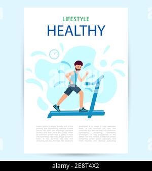 Poster healthy lifestyle. Adult male runs on a treadmill and sweats. Man is Jogging on a white background. Vector template in modern flat style. Fitne Stock Vector