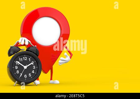 Map Pointer Pin Character Mascot with Alarm Clock on a white background. 3d Rendering Stock Photo