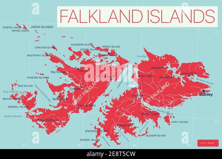Falkland Islands detailed editable map with regions cities and towns, roads and railways, geographic sites. Vector EPS-10 file Stock Vector