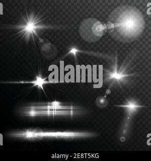 Realistic lens flares star lights and glow white elements on transparent background vector illustration Stock Vector