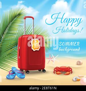 Summer vacation background with realistic suitcase on tropical beach vector illustration Stock Vector