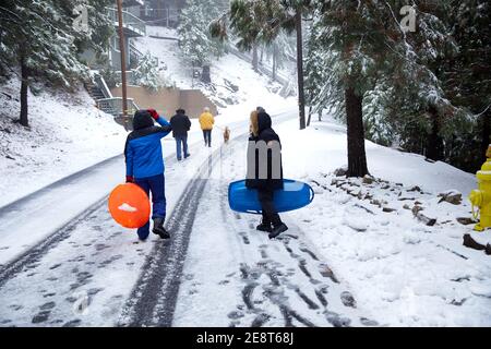 Walking to the sledding hill with family and dog Stock Photo