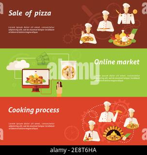 Complex of sale in online market and cooking process of pizza flat horizontal banners isolated vector illustration Stock Vector