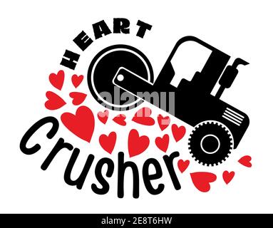 Black road roller crushing heart isolated on white background. Funny Valentine concept. vector illustration. Stock Vector